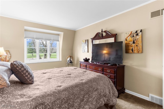 carpeted bedroom with baseboards, crown molding, and visible vents