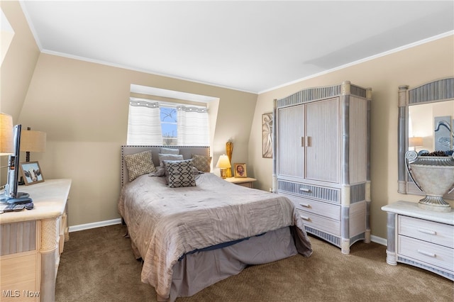 carpeted bedroom with baseboards and ornamental molding