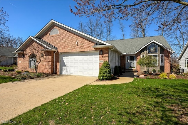 ranch-style home featuring a front lawn, concrete driveway, a garage, brick siding, and a shingled roof