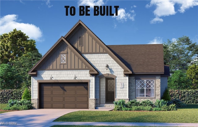 view of front of house with an attached garage, a front lawn, stone siding, board and batten siding, and concrete driveway