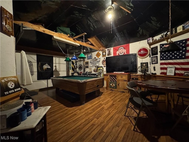 game room with wood finished floors and billiards