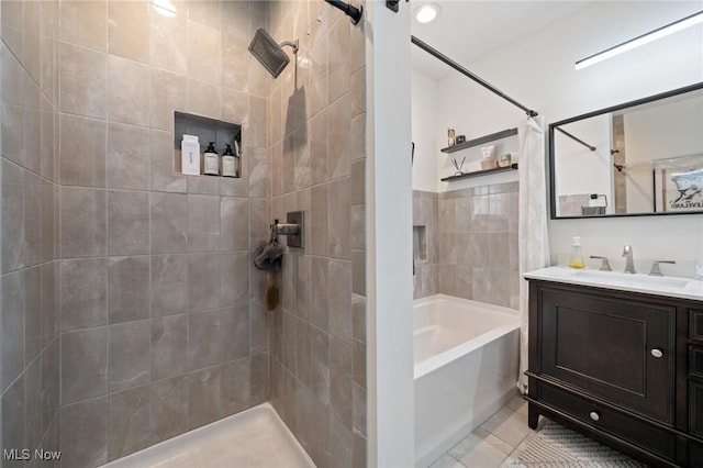 1881 W 65th St, Cleveland, OH 44102 - bathroom with a tile shower, vanity, a tub, and tile patterned floors