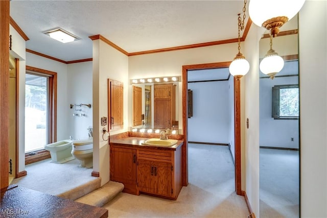 1809 Heritage Cir, Dover, OH 44622 - bathroom with baseboards, ornamental molding, vanity, and plenty of natural light