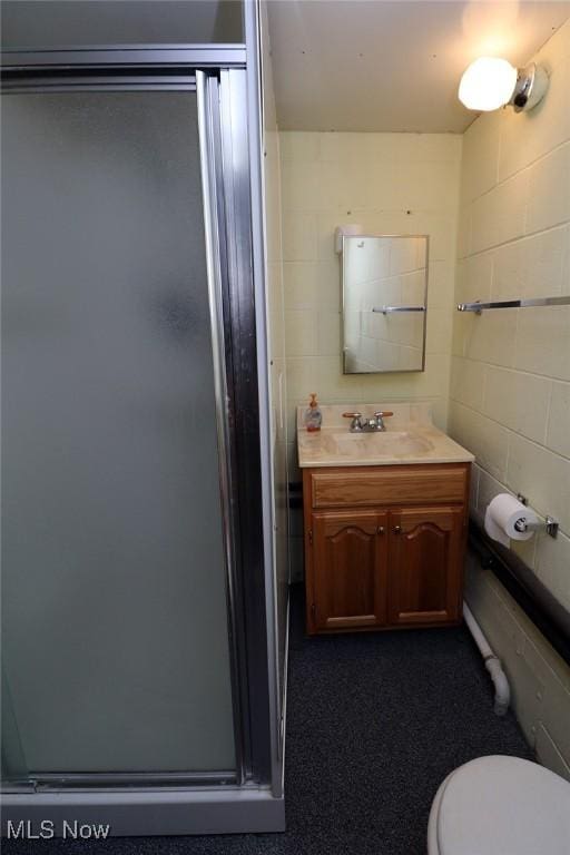 bathroom featuring toilet, vanity, and a stall shower