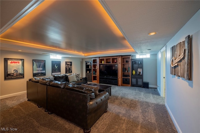 living area featuring baseboards, carpet floors, and a raised ceiling
