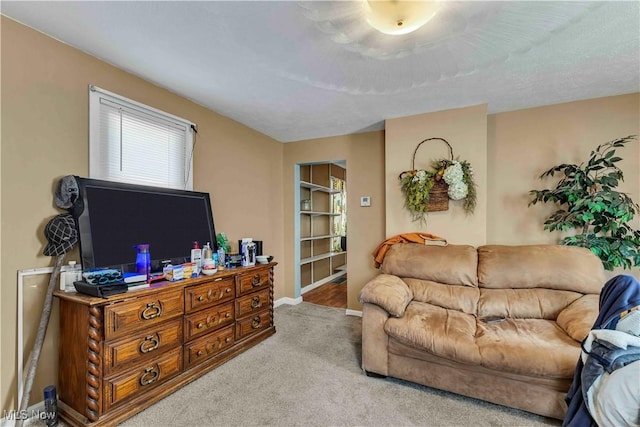 living area featuring carpet floors and baseboards