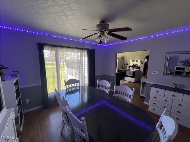 dining room featuring a textured ceiling, wood finished floors, a healthy amount of sunlight, and ceiling fan