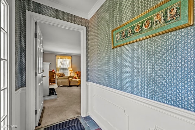 1332 Springbrook Dr, Mansfield, OH 44906 - hallway with wallpapered walls, a wainscoted wall, carpet floors, and ornamental molding