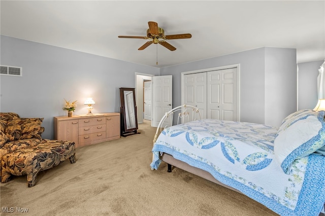 1332 Springbrook Dr, Mansfield, OH 44906 - bedroom with light carpet, visible vents, a closet, and ceiling fan