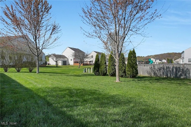 view of yard featuring fence and a residential view