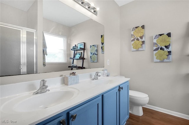 bathroom with wood finished floors, a sink, a shower stall, and double vanity