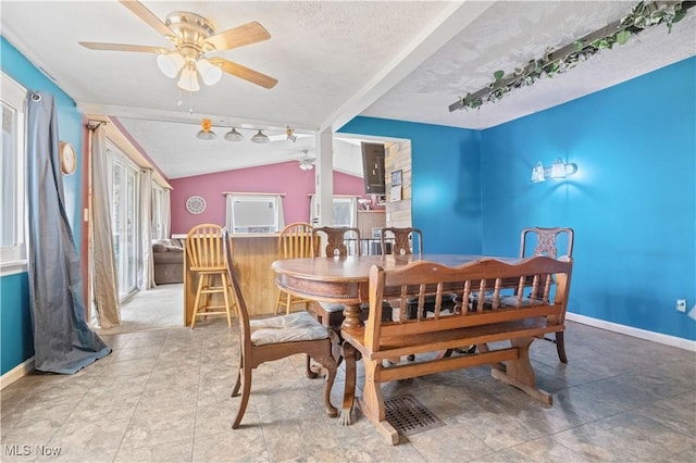 1611 Township Road 1610, Ashland, OH 44805 - dining area featuring a ceiling fan, baseboards, a textured ceiling, and vaulted ceiling