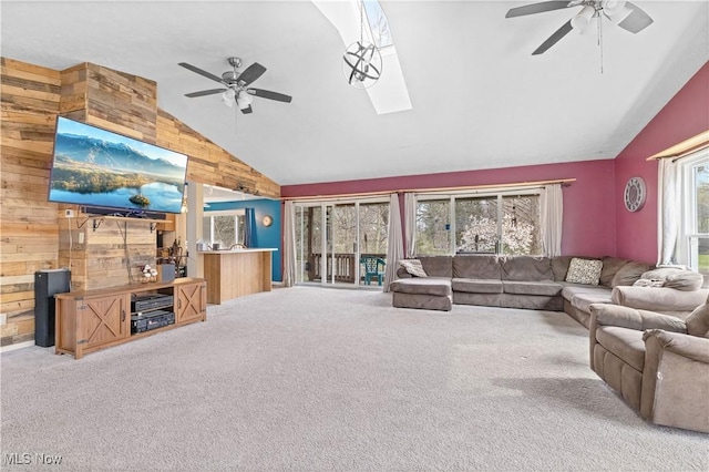 1611 Township Road 1610, Ashland, OH 44805 - living room featuring ceiling fan, carpet floors, and wooden walls