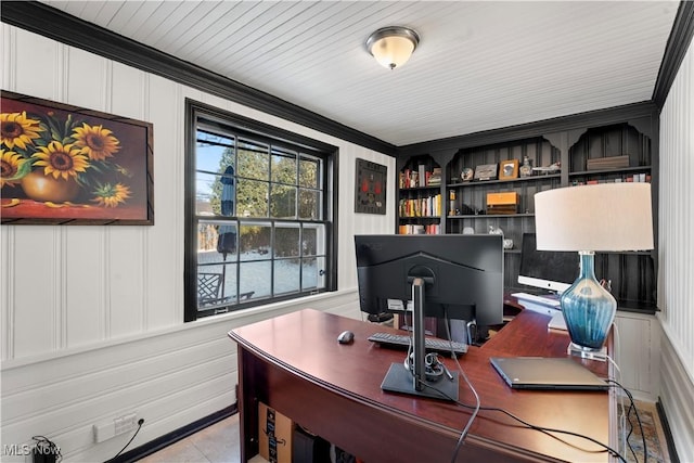 14221 S Woodland Rd, Shaker Heights, OH 44120 - office area with built in features, crown molding, and a decorative wall