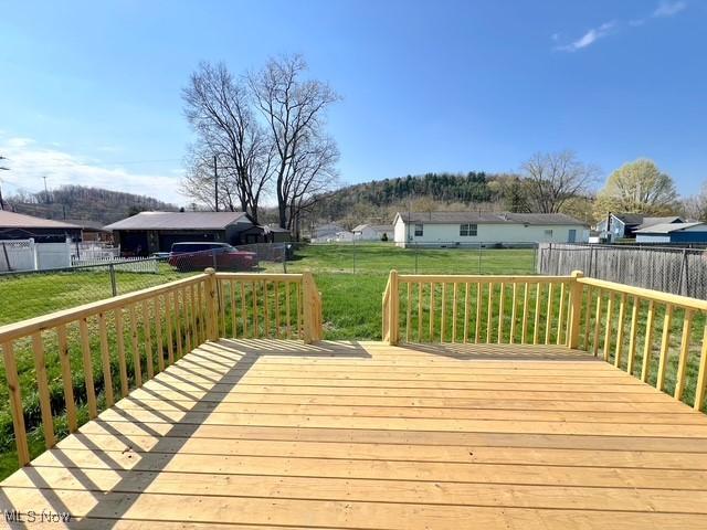 deck with a yard and a fenced backyard