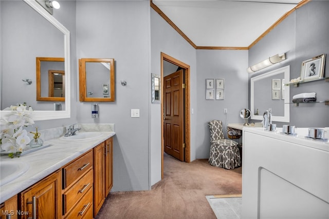 full bath featuring double vanity, a sink, and ornamental molding