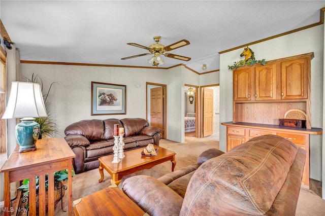 living room with light colored carpet, ceiling fan, and ornamental molding