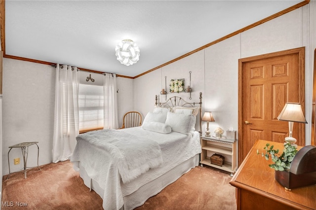 bedroom featuring light colored carpet, lofted ceiling, and crown molding