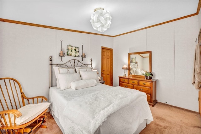 bedroom featuring light carpet and ornamental molding