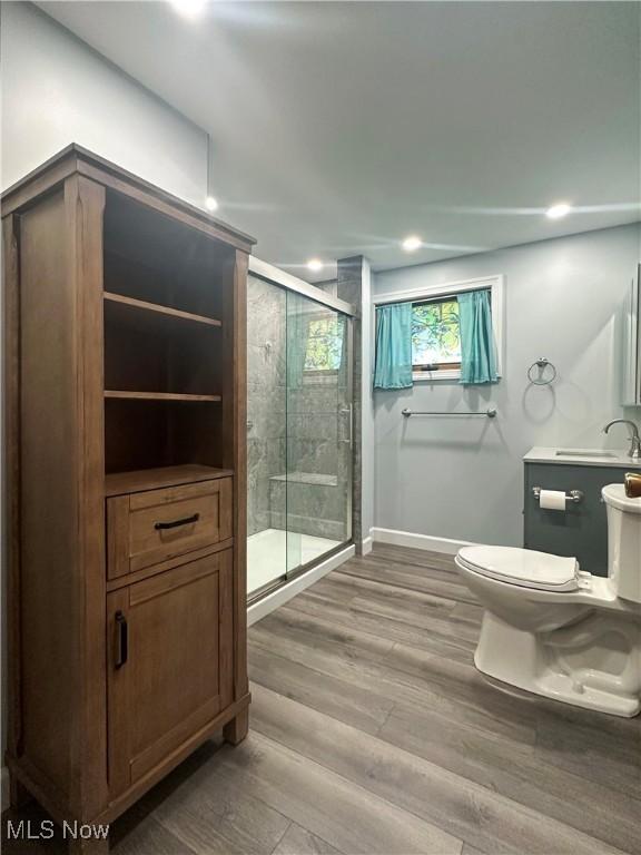 3799 Larchmont Ave NE, Bazetta, OH 44483 - full bathroom featuring toilet, a sink, a stall shower, wood finished floors, and baseboards