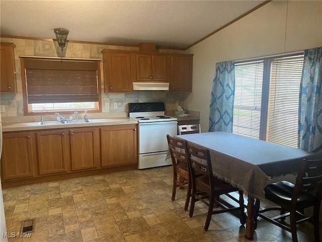 kitchen with lofted ceiling, white electric range, under cabinet range hood, light countertops, and a sink