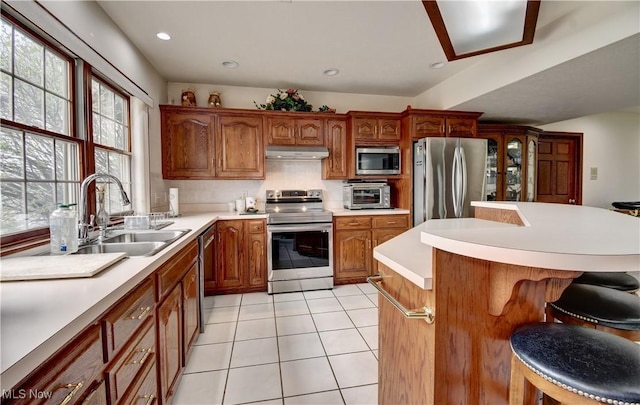 kitchen with a sink, a healthy amount of sunlight, stainless steel appliances, a kitchen bar, and under cabinet range hood