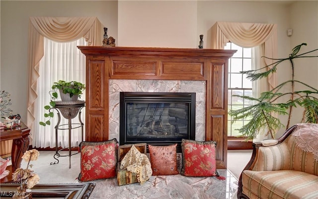 living area featuring a premium fireplace and carpet