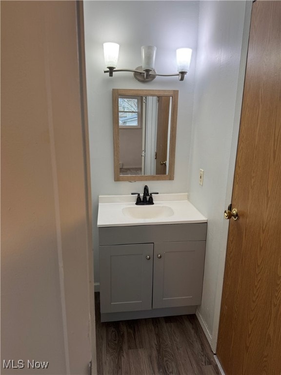 bathroom with wood finished floors and vanity