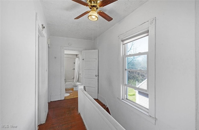 hallway featuring dark wood-type flooring, plenty of natural light, and a textured ceiling
