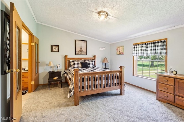 bedroom featuring ornamental molding, a textured ceiling, lofted ceiling, and light carpet