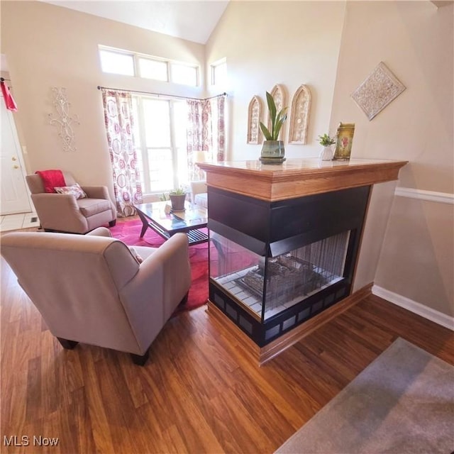 interior space with high vaulted ceiling, wood finished floors, and baseboards