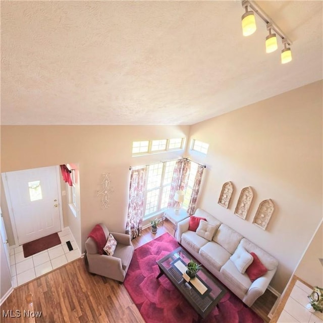 living area with vaulted ceiling, wood finished floors, a textured ceiling, and rail lighting