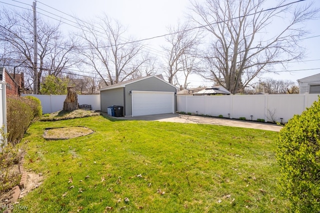 3867 E 177th St, Cleveland, OH 44128 - view of yard with a fenced backyard, an outbuilding, and a garage