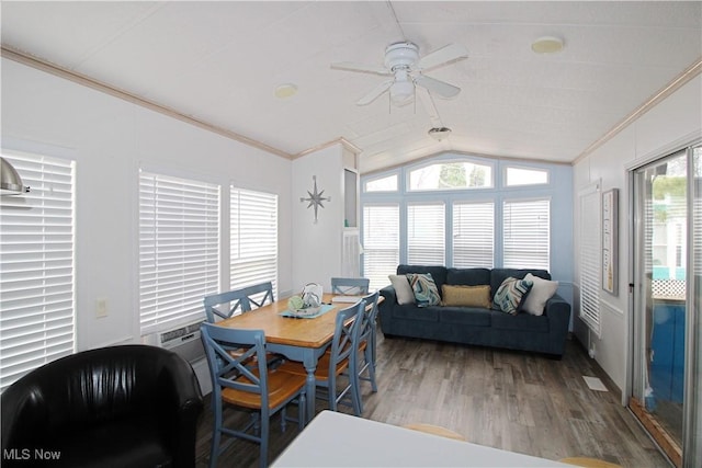 1233 Fox Unit 40, Middle Bass, OH 43446 - dining space with lofted ceiling, crown molding, a ceiling fan, and wood finished floors