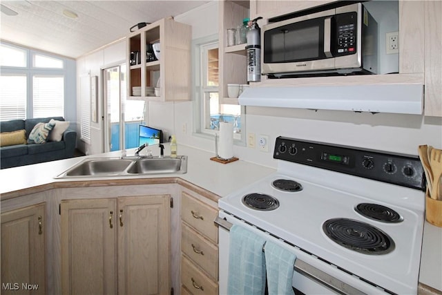 1233 Fox Unit 40, Middle Bass, OH 43446 - kitchen with a sink, open floor plan, light countertops, stainless steel microwave, and white electric stove