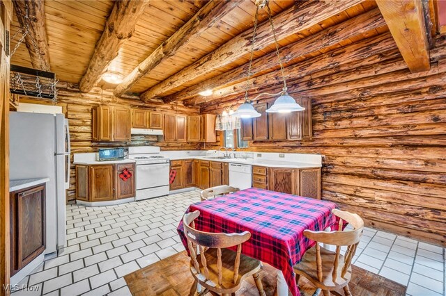 24455 Tryon Rd, Bedford, OH 44146 - kitchen with brown cabinetry, log walls, beamed ceiling, white appliances, and wooden ceiling