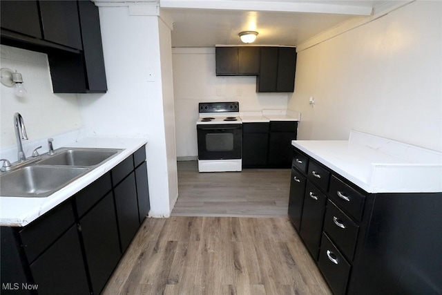 kitchen with dark cabinetry, electric stove, a sink, and light wood-type flooring