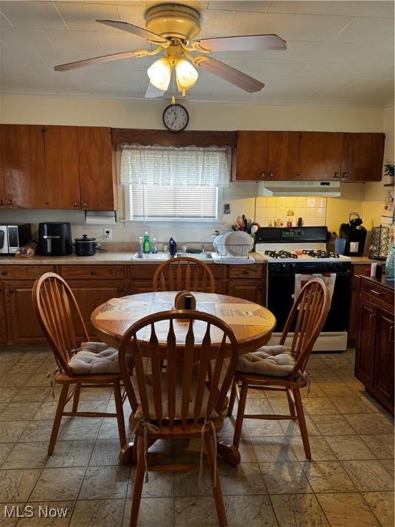 1514 Commerce St, Wellsville, OH 43968 - kitchen with stainless steel microwave, under cabinet range hood, gas range oven, a sink, and a ceiling fan