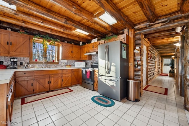 kitchen with wooden ceiling, beam ceiling, light countertops, under cabinet range hood, and appliances with stainless steel finishes