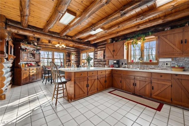 kitchen with a peninsula, beam ceiling, tasteful backsplash, wood ceiling, and light countertops