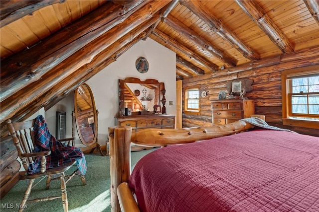 carpeted bedroom with wood ceiling, vaulted ceiling with beams, and rustic walls