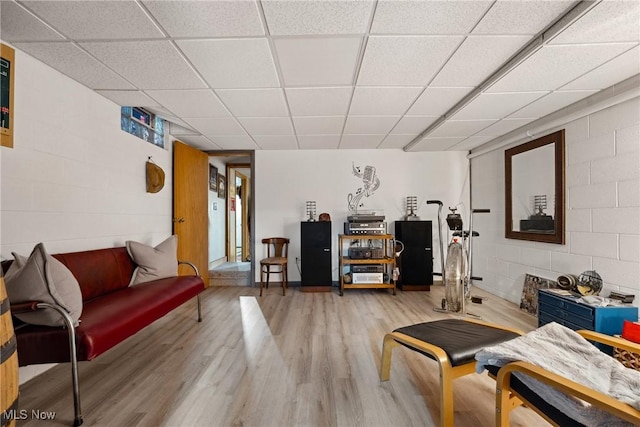 living area with concrete block wall, light wood finished floors, and a paneled ceiling