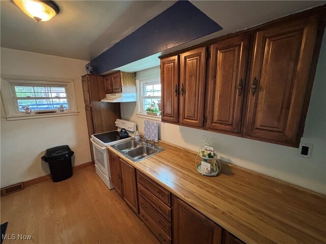 101 Sunset Ln, Follansbee, WV 26037 - kitchen with light wood finished floors, a sink, visible vents, under cabinet range hood, and white range with electric cooktop