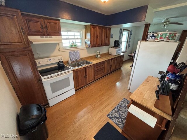 101 Sunset Ln, Follansbee, WV 26037 - kitchen featuring a ceiling fan, a sink, white appliances, light wood-style flooring, and under cabinet range hood