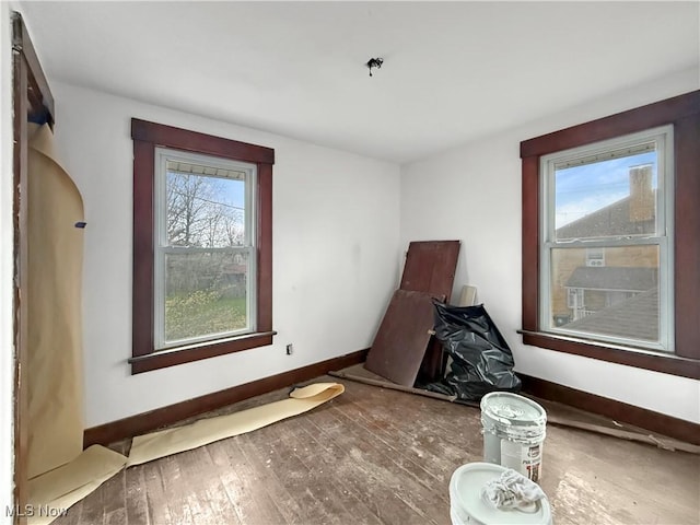 unfurnished room with wood-type flooring, baseboards, and a healthy amount of sunlight