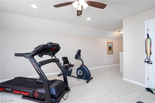 workout area featuring baseboards, a ceiling fan, carpet flooring, and recessed lighting