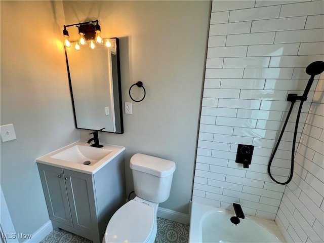 bathroom featuring vanity, baseboards, a shower, and toilet