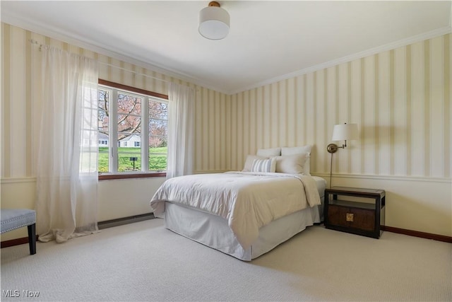 2622 Glenmont Rd NW, Canton, OH 44708 - bedroom featuring baseboards, crown molding, carpet flooring, and wallpapered walls