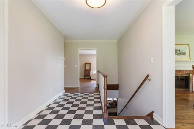 2622 Glenmont Rd NW, Canton, OH 44708 - hall with dark floors, crown molding, baseboards, and an upstairs landing