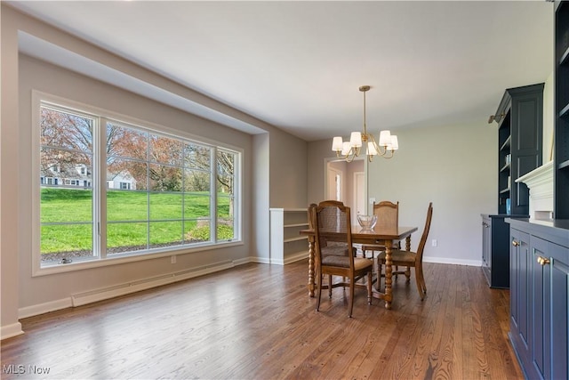 2622 Glenmont Rd NW, Canton, OH 44708 - dining area featuring baseboards, baseboard heating, dark wood-style floors, and an inviting chandelier